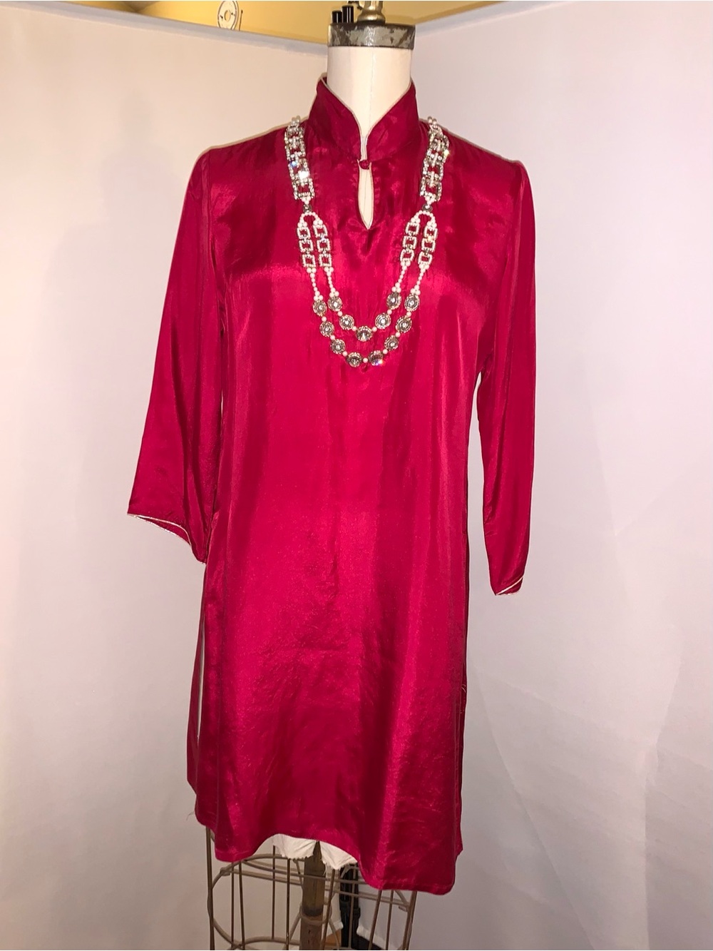 Red silk Nehru tunic India Bollywood exotic jeweled by Frontier heritage small